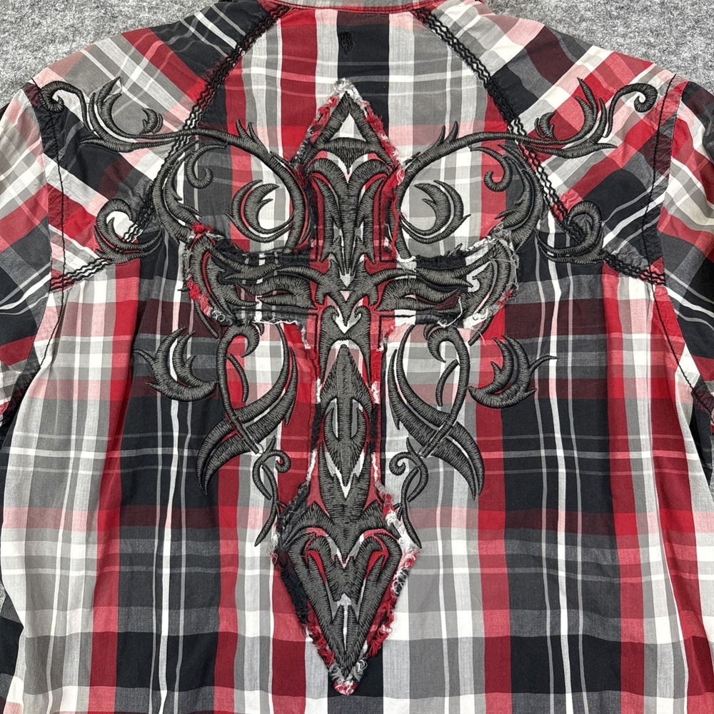 Roar Bounty button up shirt men's XL red plaid embroidered western grunge cowboy